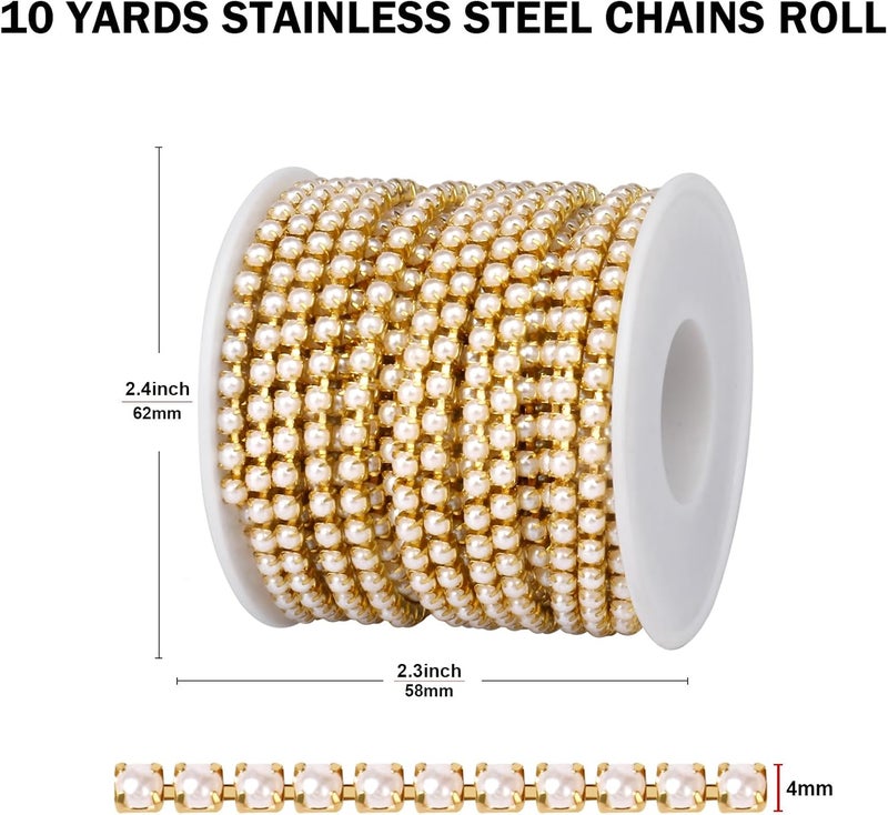 Ucevi 10 Yards Gold Pearl Trim Chain for Craft, 4MM Pearl Beaded Cup Chain Trim by Yard for Sewing DIY Crafts Jewelry Making Decoration - Image 2